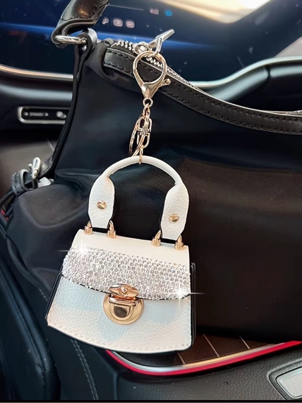 White Mini Crystal Top-Handle Bag Charm Keychain